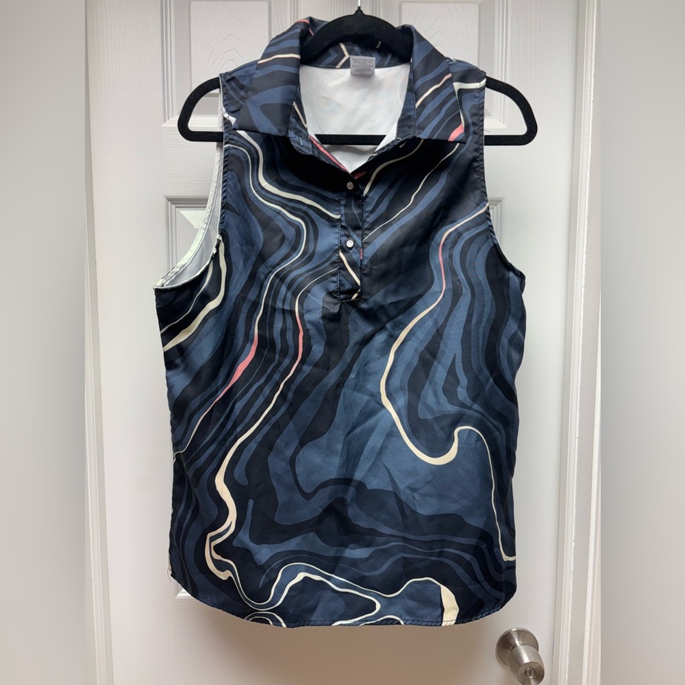 Women’s Sleeveless Collared Blouse Geometric Wave Print Size XL -Sport shirt